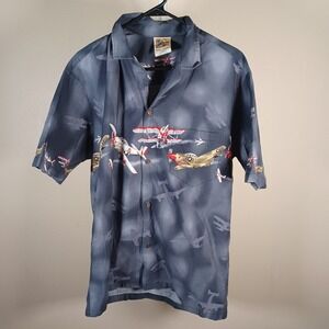 Winnie Fashion Vintage Hawaiian Flight Airplane Button Down Short Sleeve Shirt L
